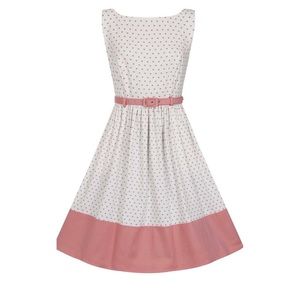 Collectif White & Pink Belted Heart Print Fit & Flare Pinup Dress Size 14